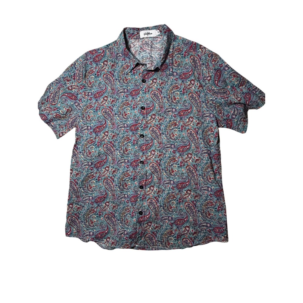 Vatpave Mens Paisley Short Sleeve Button Down Shirt Teal Red Cotton Blend Size M